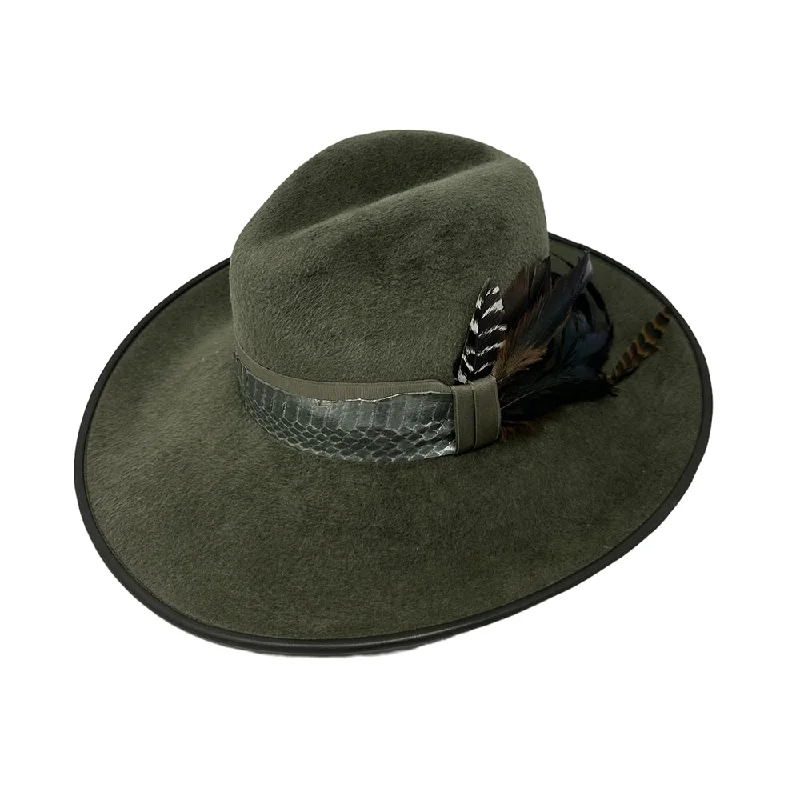 Rugged wool felt hat for harsh conditions -Frida Military Olive Velour Fedora