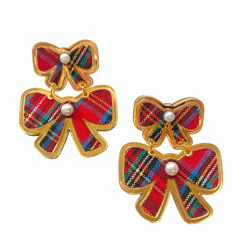 Heavy Duty Drop Earrings for Durability -Holiday Tartan Double Bow Earrings