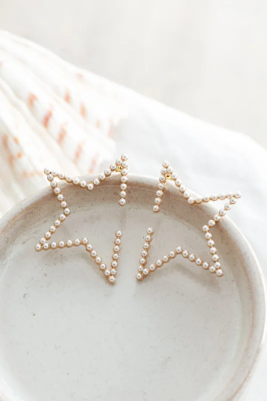 Lightweight Drop Earrings for All Day -Starstruck Pearl Embellished Earrings Gold