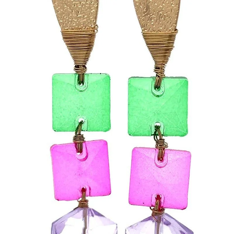 Drop Earrings with Debossed Designs -Earrings, Pink & Green