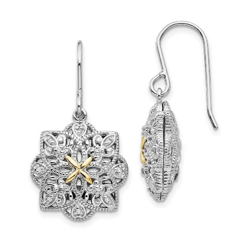 Push Back Drop Earrings for Convenience -Curata 925 Sterling Silver Textured Polished Prong set Shepherd hook With 14k 1/10ct. Diamond Vintage Earrings - 25x15mm