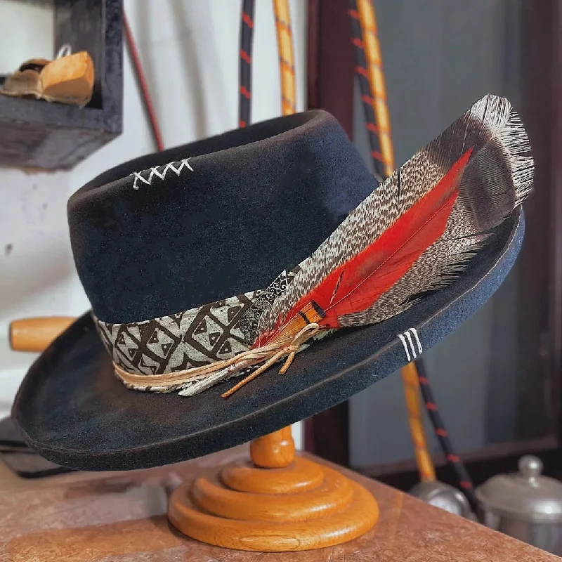 Bold felt hat with vibrant color pops -Distressed Fedora Black Elements