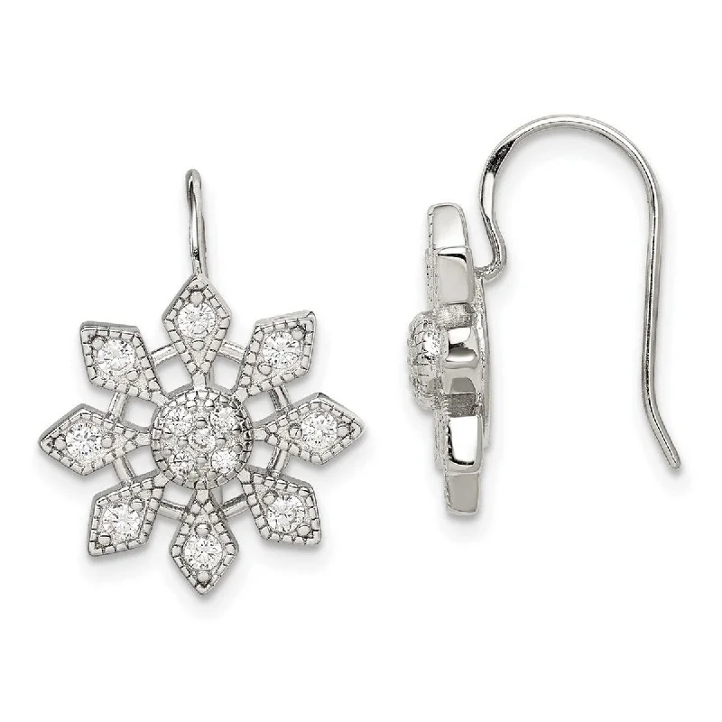 Drop Earrings with Enamel Coating -Curata 925 Sterling Silver Polished Shepherd hook CZ Cubic Zirconia Snowflake Earrings - 33x17mm Wide