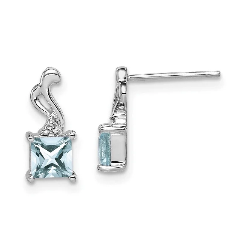 Nickel Free Drop Earrings for Safety -Curata 925 Sterling Silver Polished Rhodium Plated Diamond Aquamarine Square Post Earrings - 11x4mm Wide