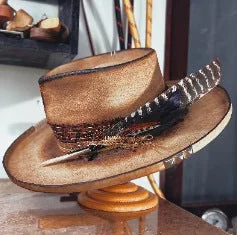 Warm wool felt hat for chilly evenings -Distressed Fedora with Feather Wide Band with Various Colors