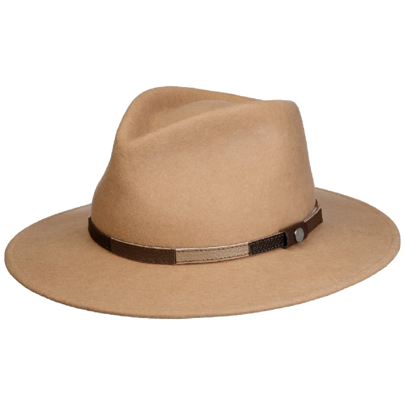 Handcrafted felt hat with natural wool tones -Women Melvarton Wool Hat With Leather Band Fedora Hat