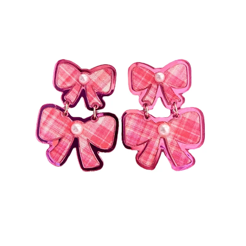 Oval Drop Earrings for Grace -Pink Plaid Double Bow Earrings