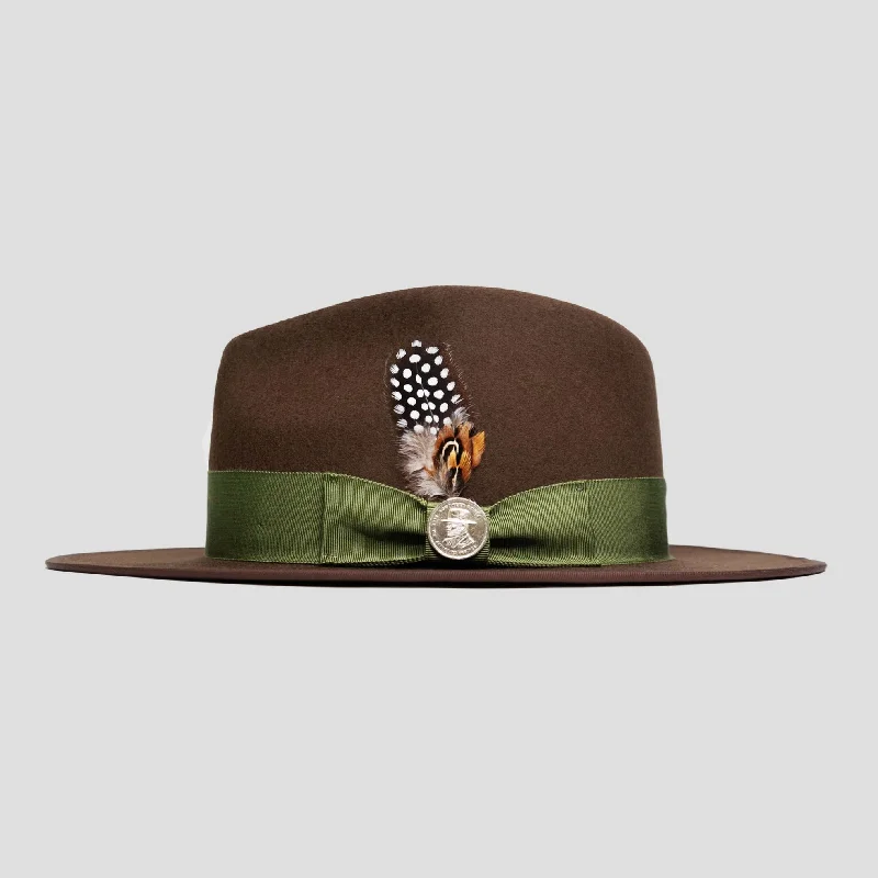 Elegant felt hat with velvet ribbon accent -Suave Fedora Hat–Brown