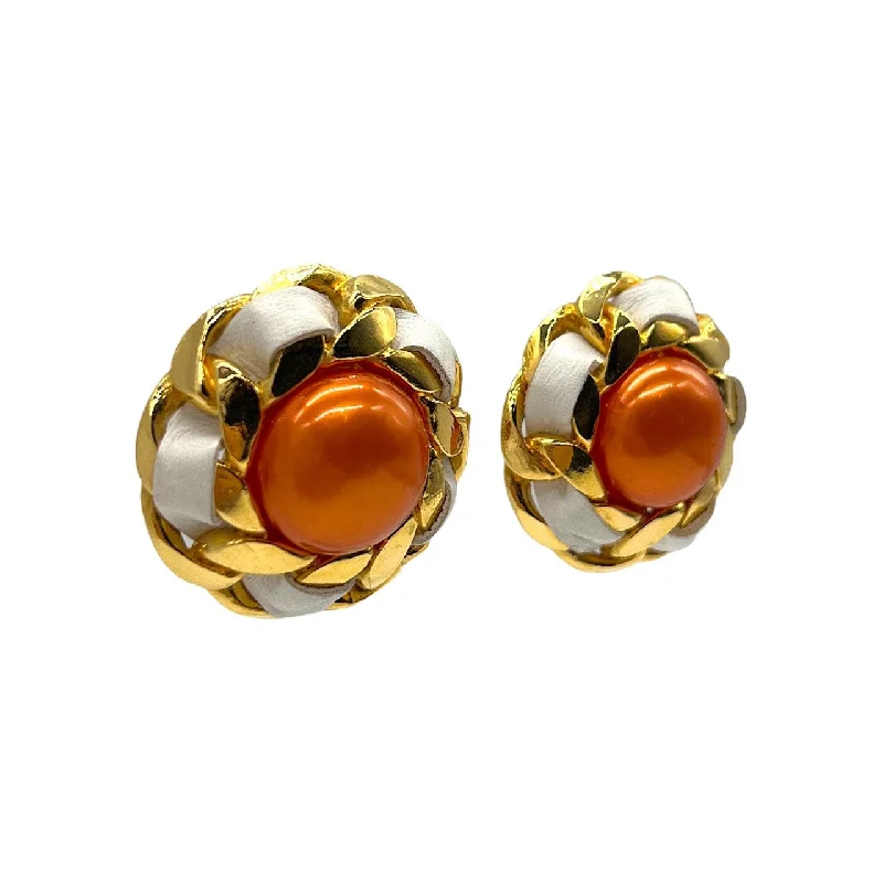 Oval Drop Earrings for Grace -Chanel Vintage Red Orange Synthetic Pearl Leather & Chain Earrings