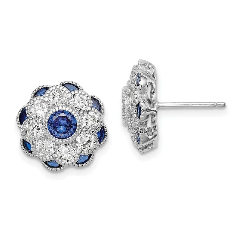 Gemstone and Diamond Drop Earrings for Opulence -Curata 925 Sterling Silver Rh Plated Cubic Zirconia and Simulated Blue Spinel Flower Post Earrings - 1