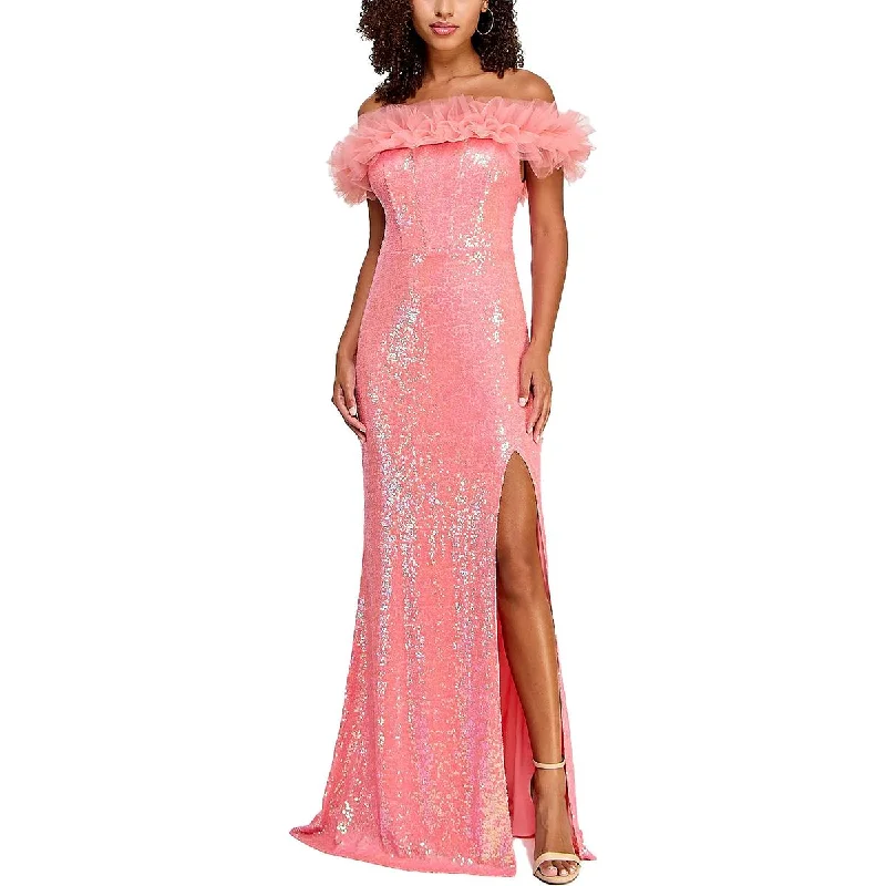 Anniversary Dresses for Special -Pear Culture Womens Juniors Sequin Off-The-Shoulder Evening Dress