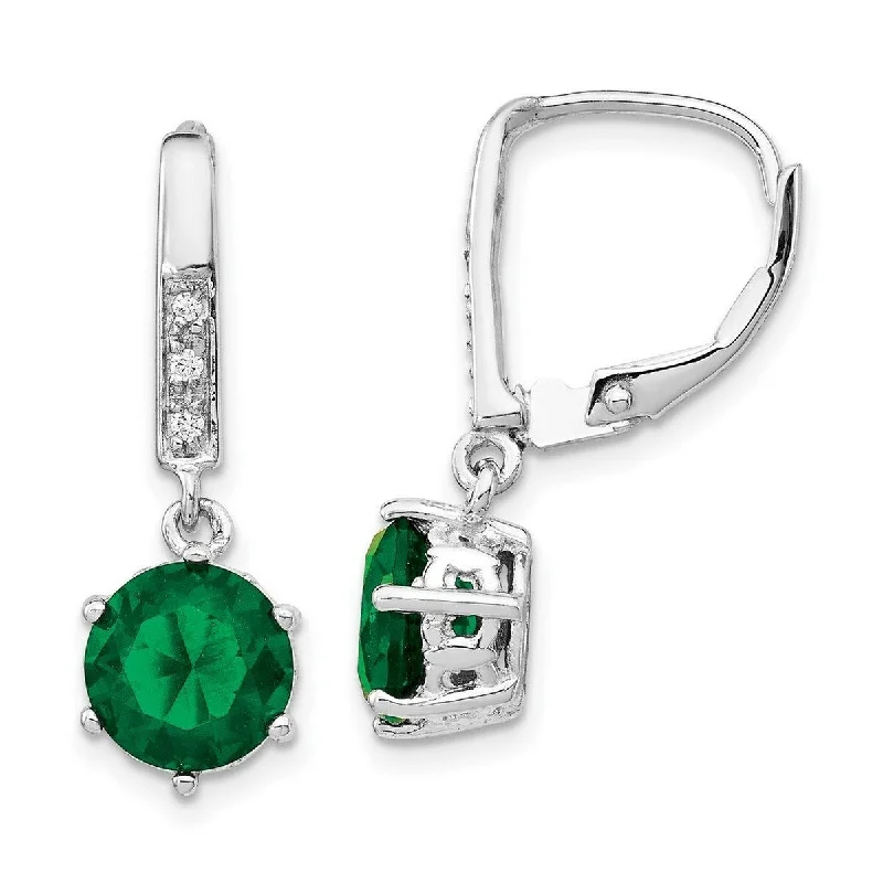 Drop Earrings with Keyhole Designs -Curata 925 Sterling Silver Dangle Simulated Emerald and Cubic Zirconia Leverback Earrings - 26x8mm Wide