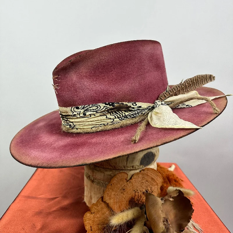 Handmade wool felt hat for artisan appeal -Distressed Fedora Road Warrior Red