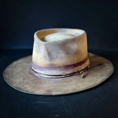 Warm felt hat with plush interior lining -Distressed Fedora with Red Striped Edge