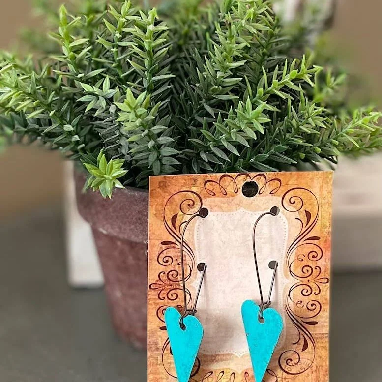 Drop Earrings with Knot Designs -Rustic Tin Rusted  turquoise Heart earrings