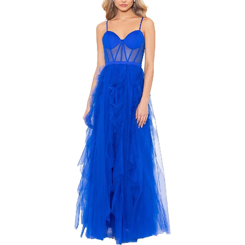 Blue Dresses for Classic -Blondie Nites Womens Juniors Ruffled Illusion Evening Dress