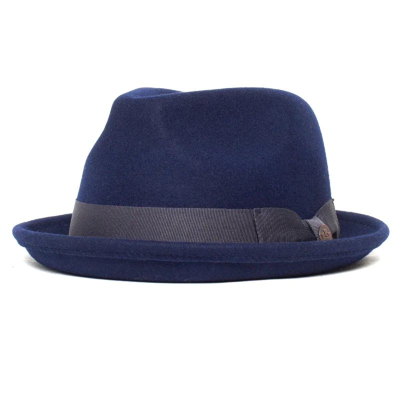 Elegant felt hat with velvet ribbon accent -Classic Pork Pie Fedora Hat-Navy