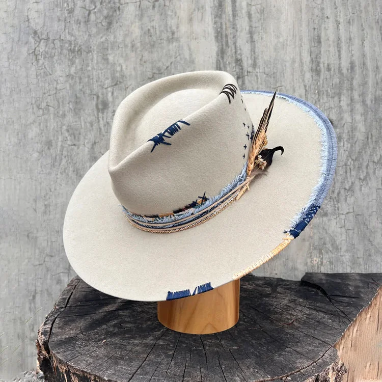 Luxury felt hat with fine wool blend -City Slicker Fedora in Beige with Feather Blue Patchwork And Band