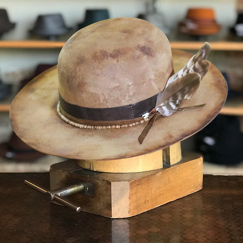 Bold felt hat with striking pattern details -Distressed Fedora in Camel