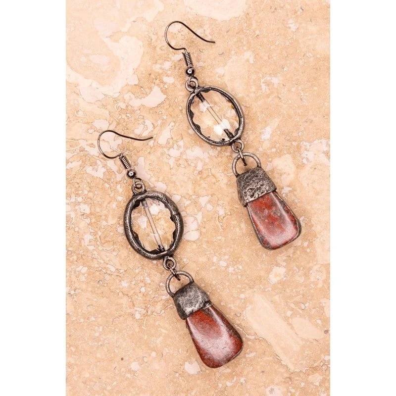 Celtic Drop Earrings with Knotwork -Pica Earrings Bamboo Agate, Red