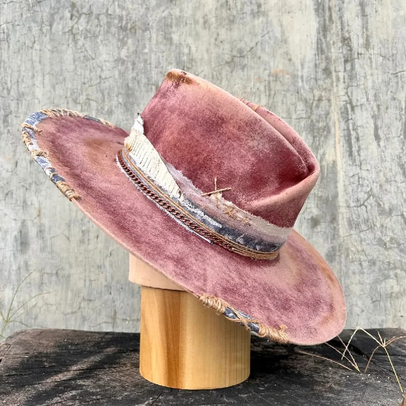 Affordable felt hat with simple chic look -Distressed Fedora with Short Woolen Brim and Feather Adornments