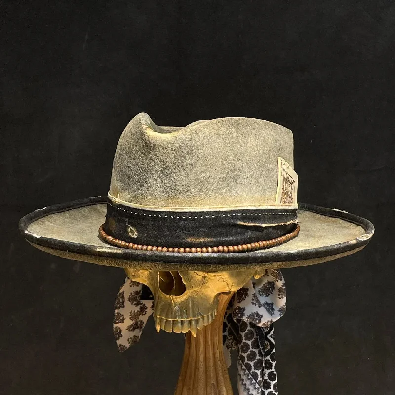 Casual felt hat with relaxed fit comfort -Distressed Fedora with Unique Grey Edge Design Incorporating Black and Brown Stripes White Poker Tag on Top