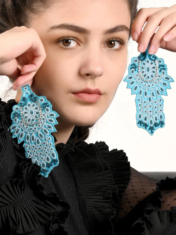 Drop Earrings with Wave Designs -Odette Women Extensive Blue Coloured Beadwork Earrings