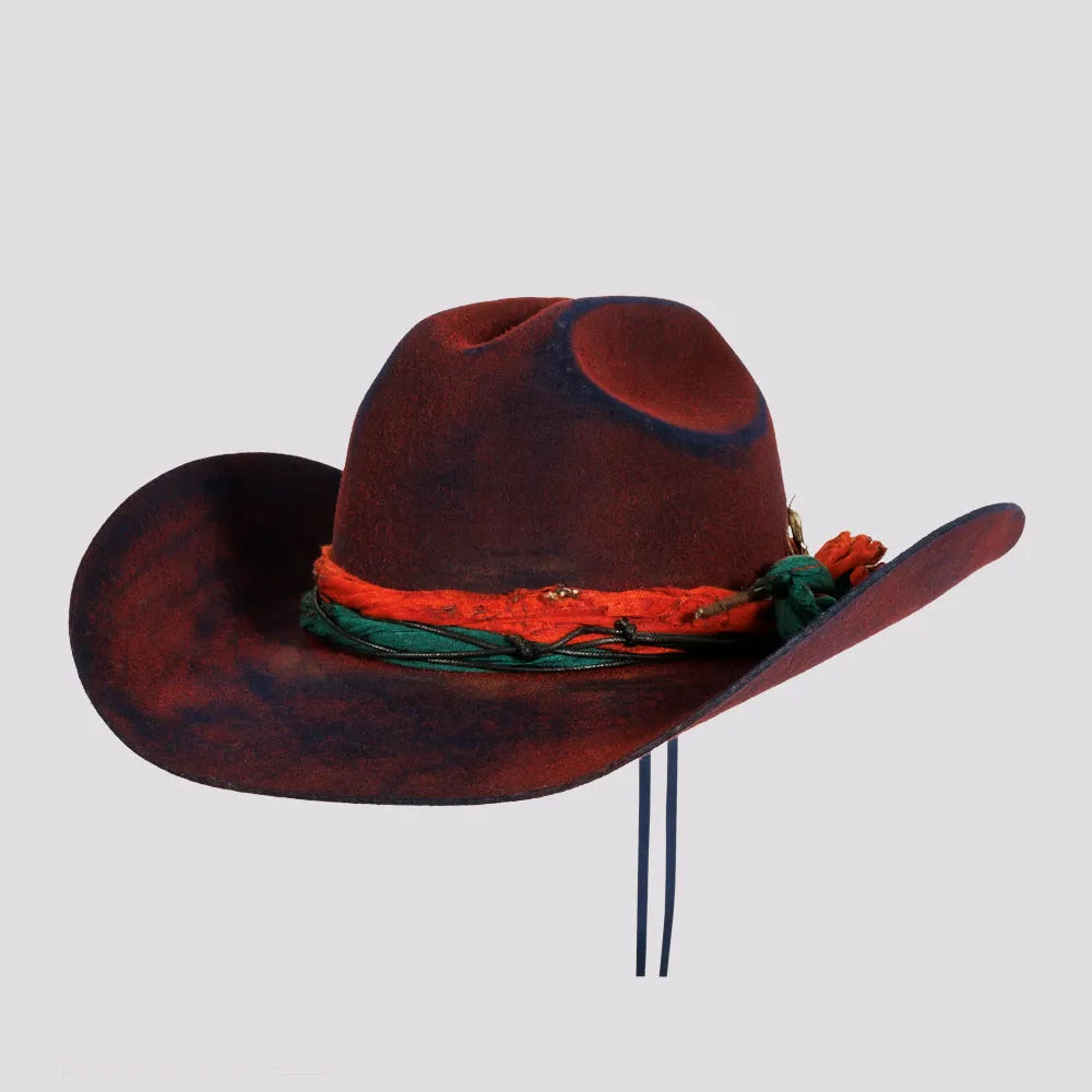 Handmade wool felt hat for artisan appeal -Skylar | Womens Wool Felt Distressed Cowgirl Hat with Gauze Trim