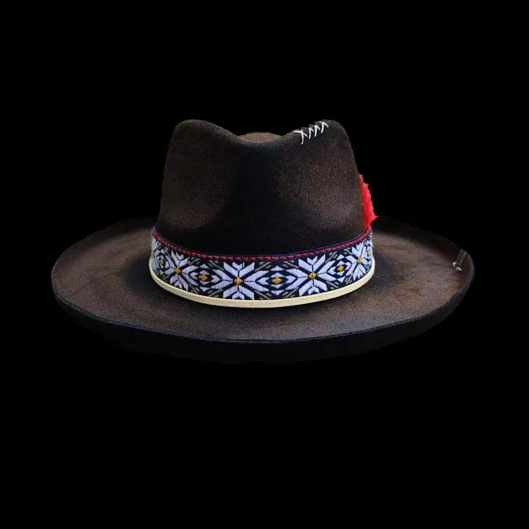 Designer wool felt hat for upscale appeal -Distressed Fedora with Red Feather-adorned Floral-patterned Band XXX Patchwork