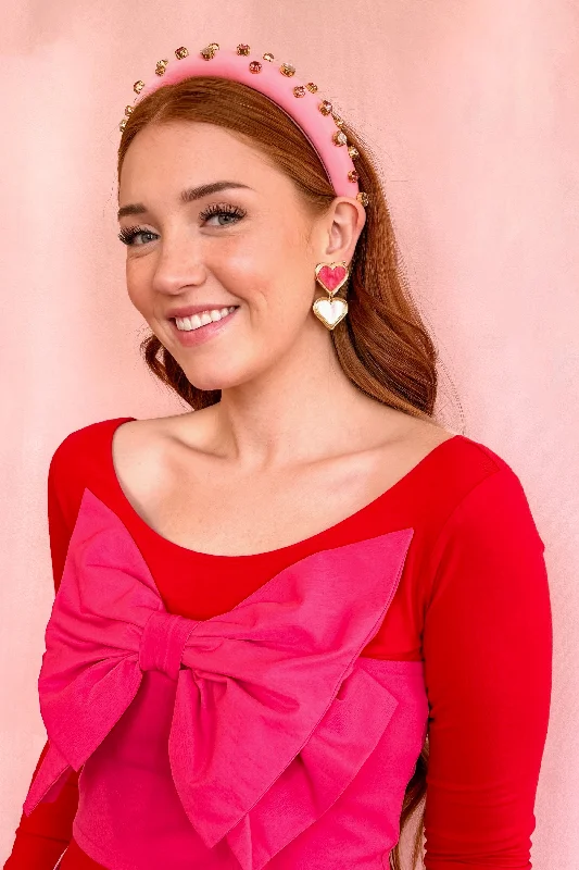 Drop Earrings for Prom Night -Bella Double Heart Earrings- Pink  & Pink