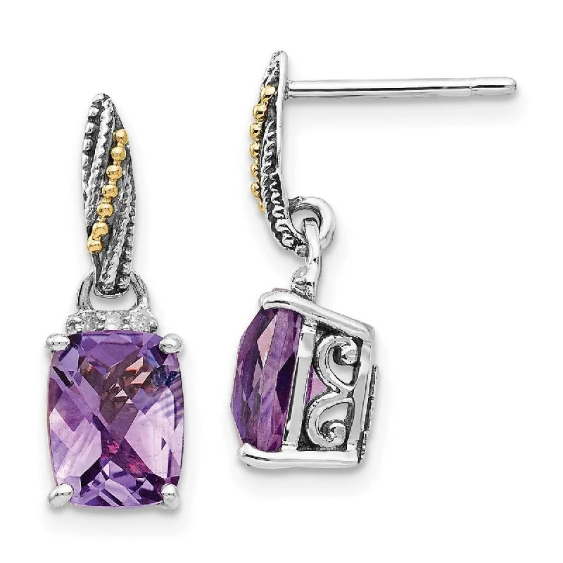 Drop Earrings for Concert Look -Curata 925 Sterling Silver With 14k Diamond and Amethyst Dangle Post Earrings - 21x7mm Wide