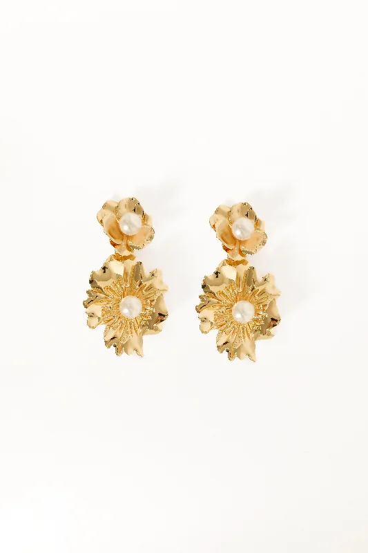 African Drop Earrings with Culture -Lilou Flower Pearl Earrings - Gold