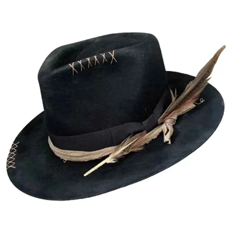 Stylish felt hat with leather trim details -Frontier Nomad Fedora with XXX Patchwork Design Feather-adorned