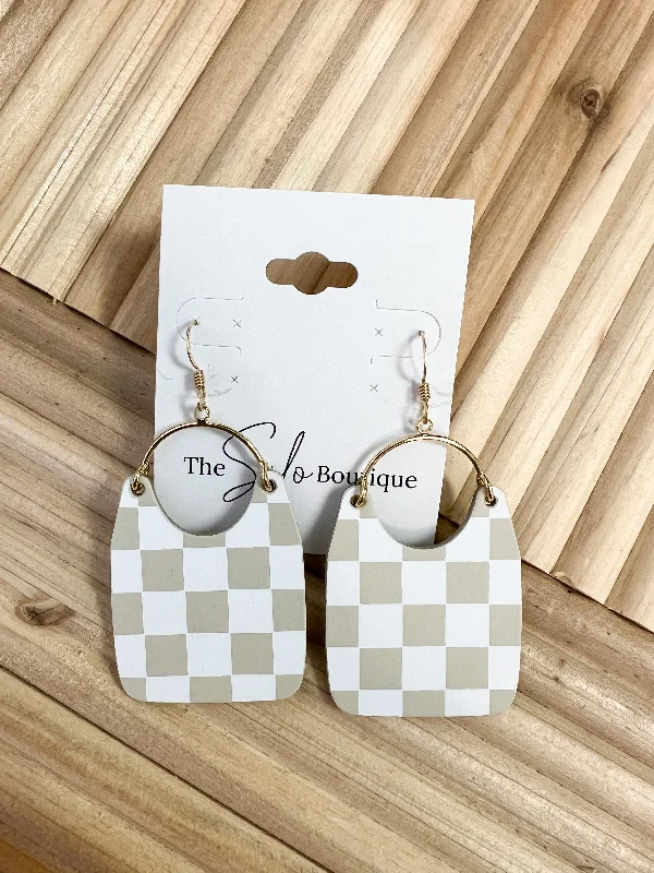 Drop Earrings for Party Look -Nickel and Suede Ecru Check Earrings