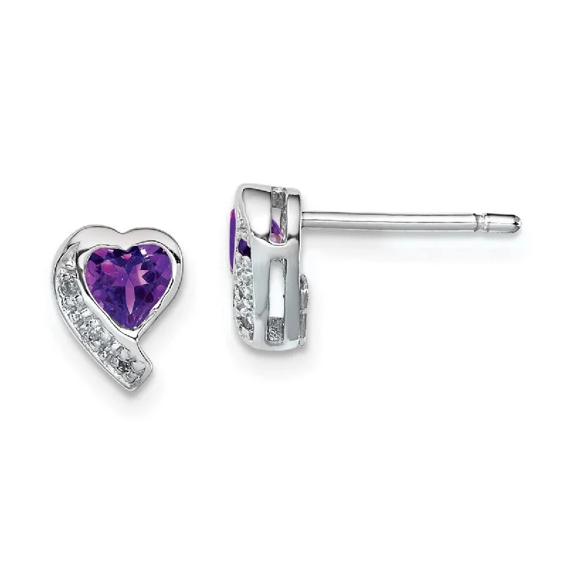 Magnetic Closure Drop Earrings for Easy -Curata 925 Sterling Silver Polished Post Earrings Amethyst and Diamond Love Heart Earrings - 9x7mm Wide