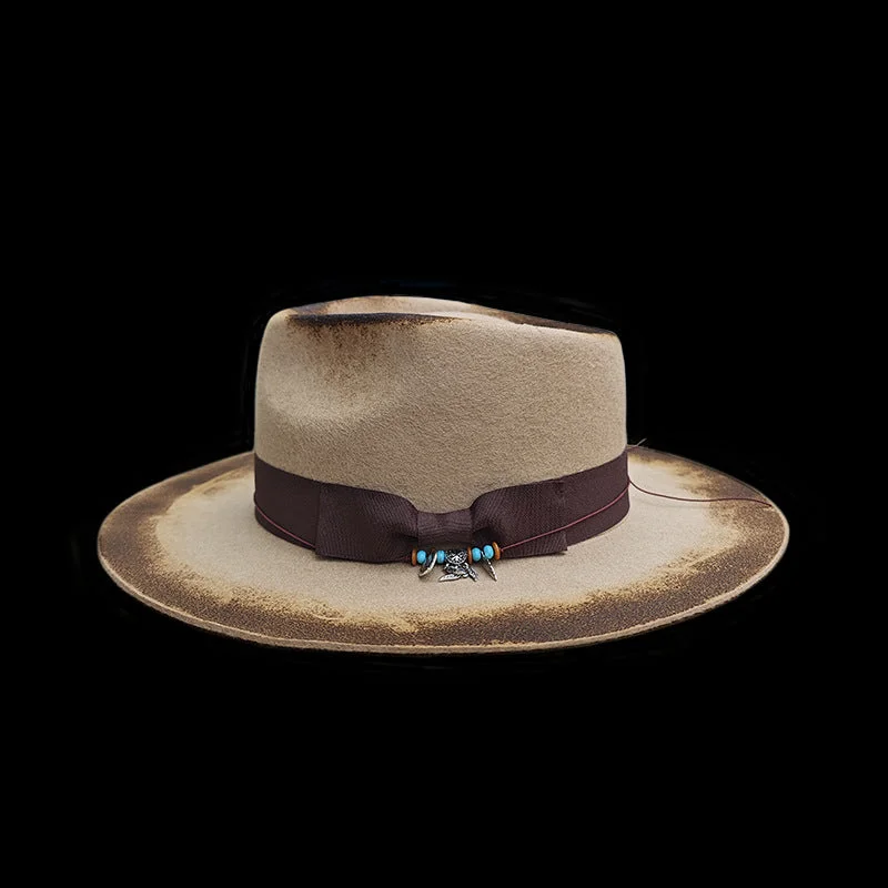 Elegant felt hat with velvet ribbon accent -Distressed Fedora Khaki