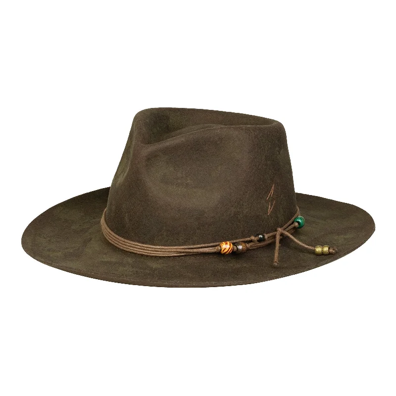 Stylish felt hat with wide brim elegance -Rustic Chic Distressed Beaded Fedora Hat