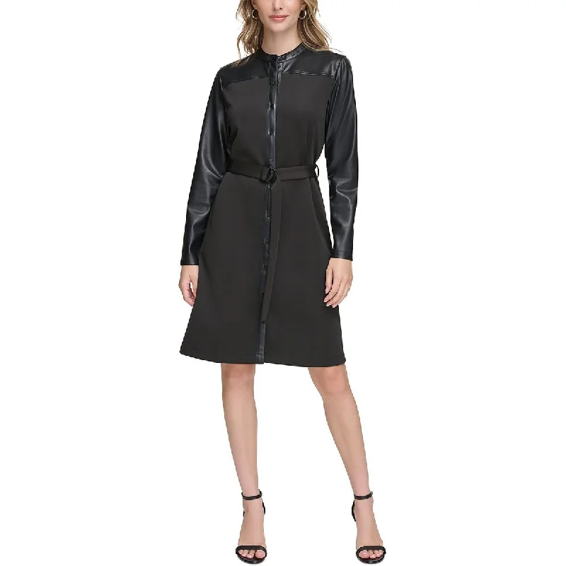 Flared Dresses for Retro -Calvin Klein Womens Faux Leather Trim Knee-Length Shirtdress