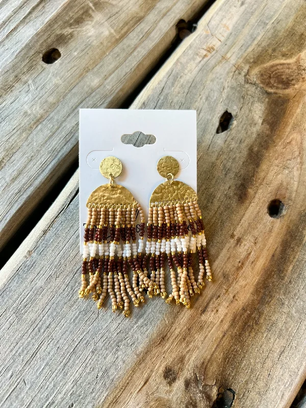 Drop Earrings with Symbolic Elements -Pan Brown Mix Beaded Earrings