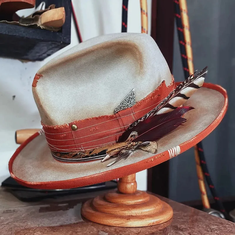 Stylish felt hat with wide brim elegance -Distressed Fedora with Feathered and Metallic Accents Off-White with Orange Stripes