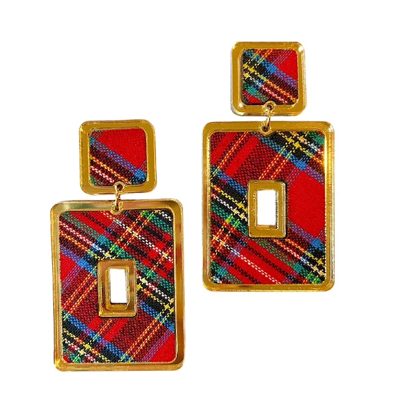 Punk Drop Earrings with Spikes -Tartan Print Holiday Rectangle Statement Earrings