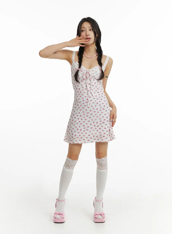 Tie-up Dresses for Decorative -Sweetheart Floral Ribbon Mini Dress IM404