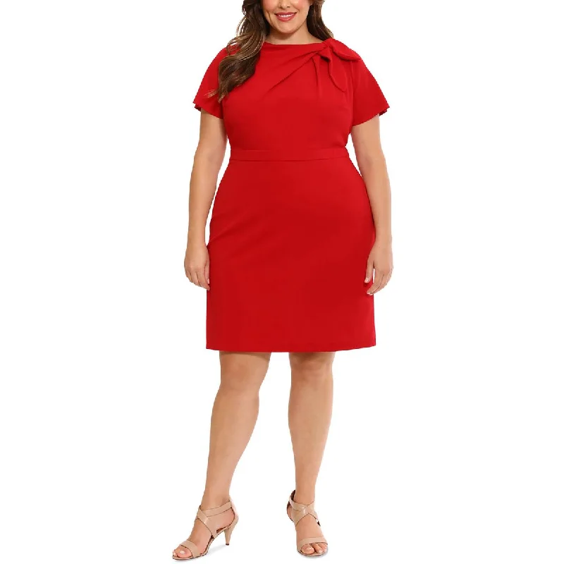 Party Dresses for Celebration -London Times Womens Plus Tie Neck Knee-Length Wear To Work Dress