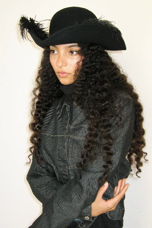 Soft wool felt hat for cozy softness -Plumed Tricorn Hat in Black Wool