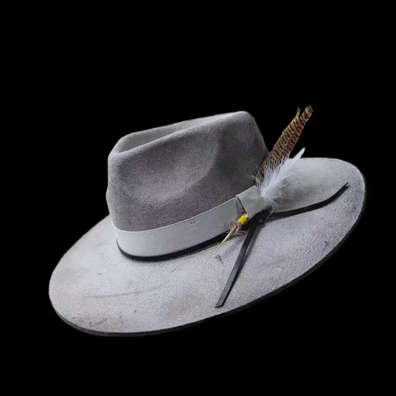 Rugged wool felt hat for tough weather -Distressed Fedora with Smoke Grey White Ribbon and Feather