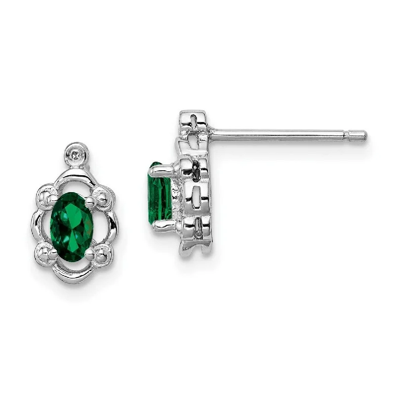 Drop Earrings for Engagement Party -Curata 925 Sterling Silver Polished Open back Post Earrings Created Emerald and Diamond Earrings - 10x6mm Wide