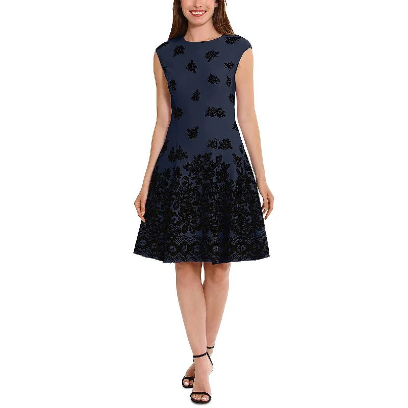 Long-sleeved Dresses for Coverage -London Times Womens Petites Flocked Scuba Fit & Flare Dress