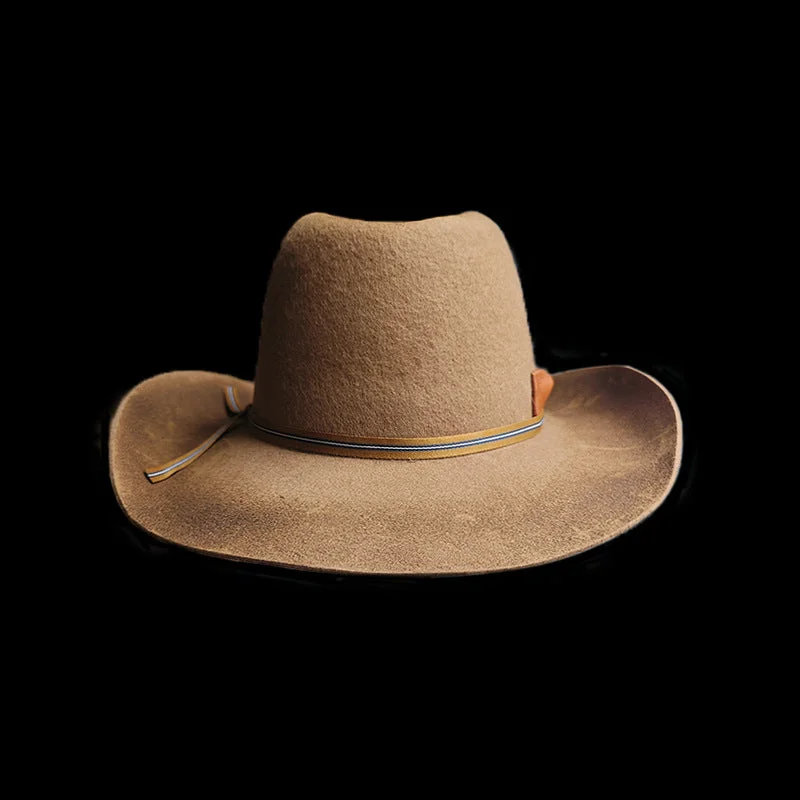 Handcrafted felt hat with eco-friendly materials -Distressed Fedora in Camel with Ribbon Bow