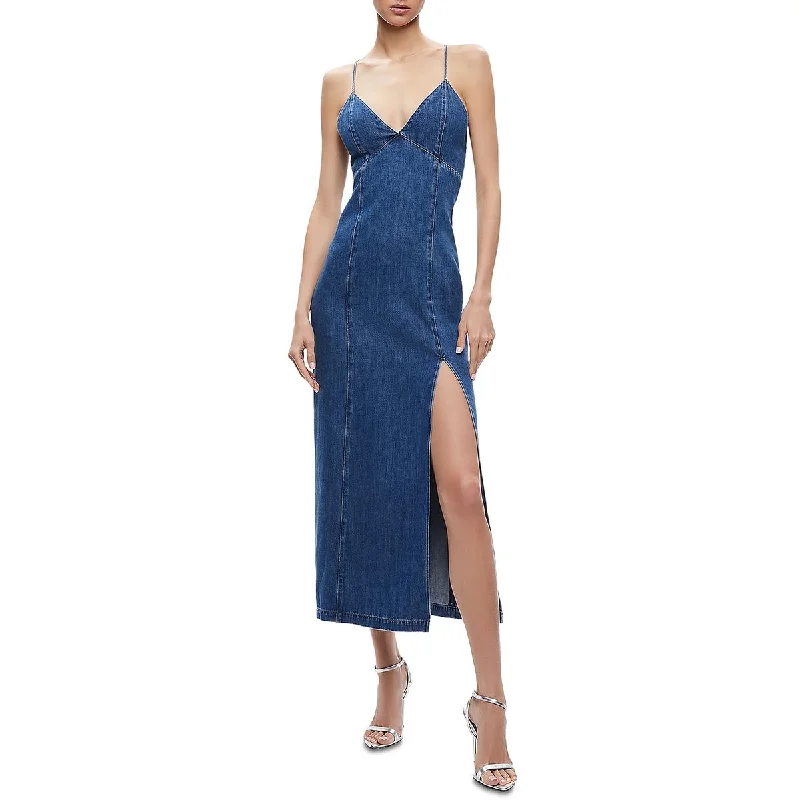 Faux Leather Dresses for Affordable -Alice and Olivia Womens Julietta Denim Long Maxi Dress