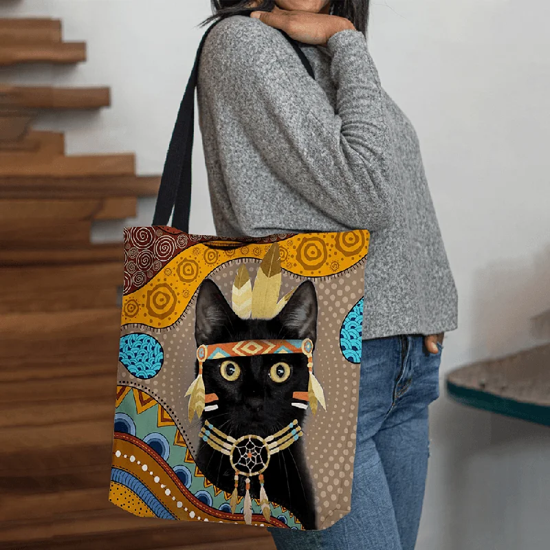 Beige Dresses for Neutral -Women Felt Cute Cartoon Egyptian Dressed Black Cat Pattern Shoulder Bag Handbag Tote